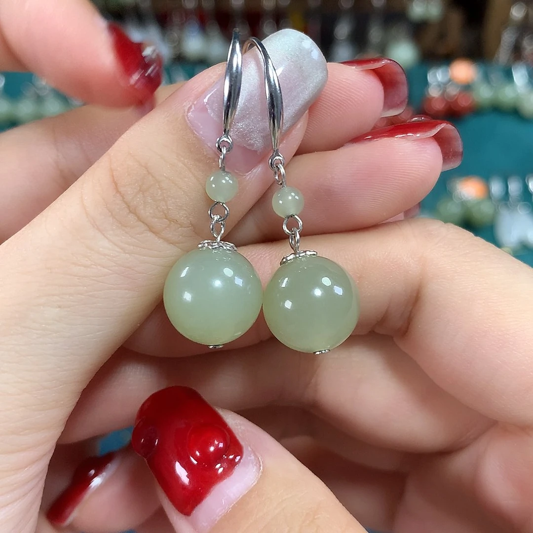 和田玉银S925镶嵌耳饰天然青海料卡12mm左右