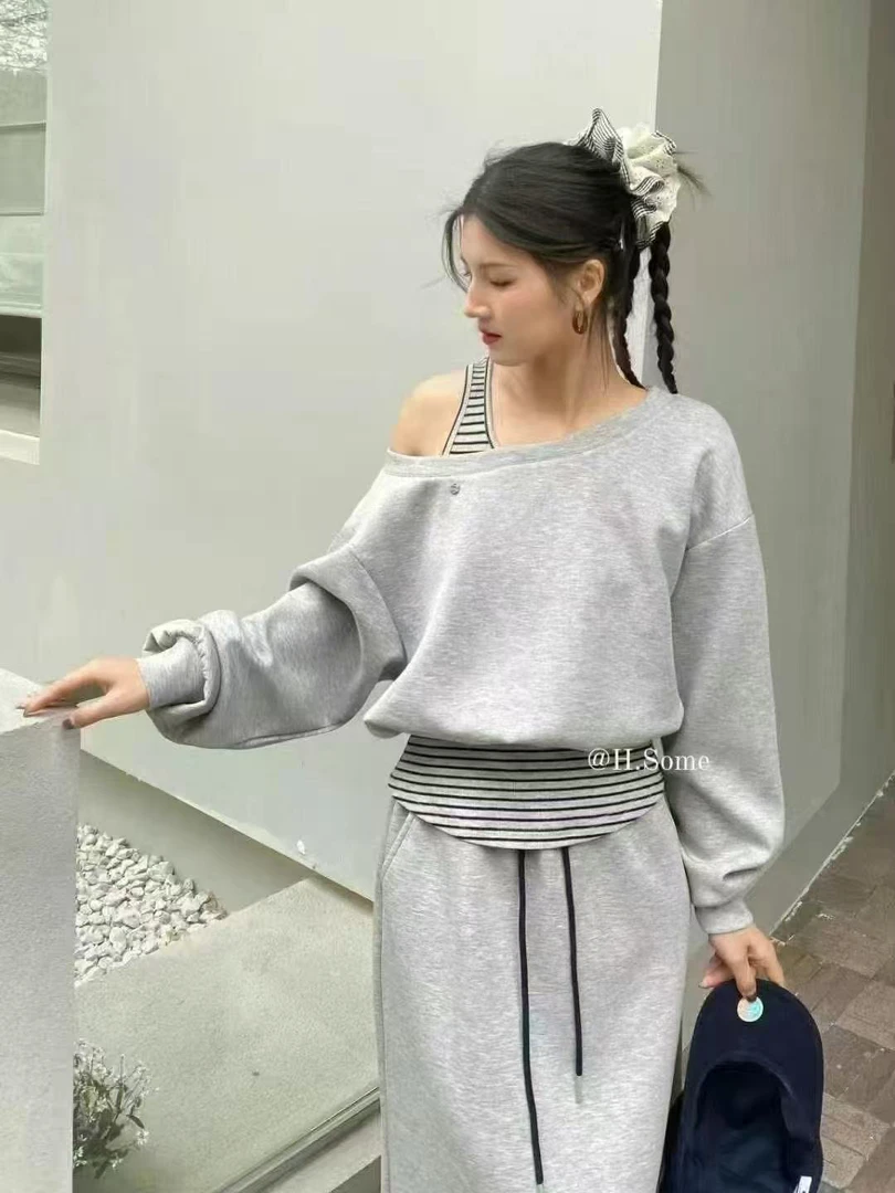 休闲高腰半身裙套装女欧洲站2025年春季新款条纹露肩卫衣两件套潮