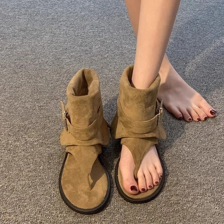 夹趾一脚蹬袋装橡胶绒面革凉靴平底凉鞋