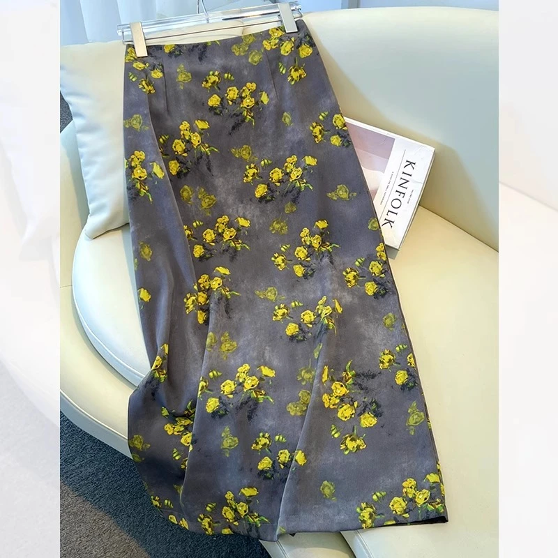 醋酸印花半身裙女夏季2025新款高腰垂感半裙宽松直筒裙a字包臀裙