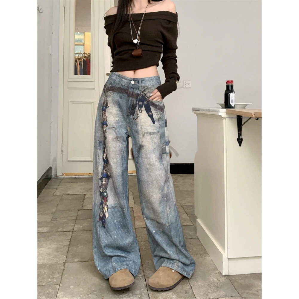 【清仓+运费险】美式设计感印花牛仔裤女冬季宽松显瘦直筒阔腿长裤