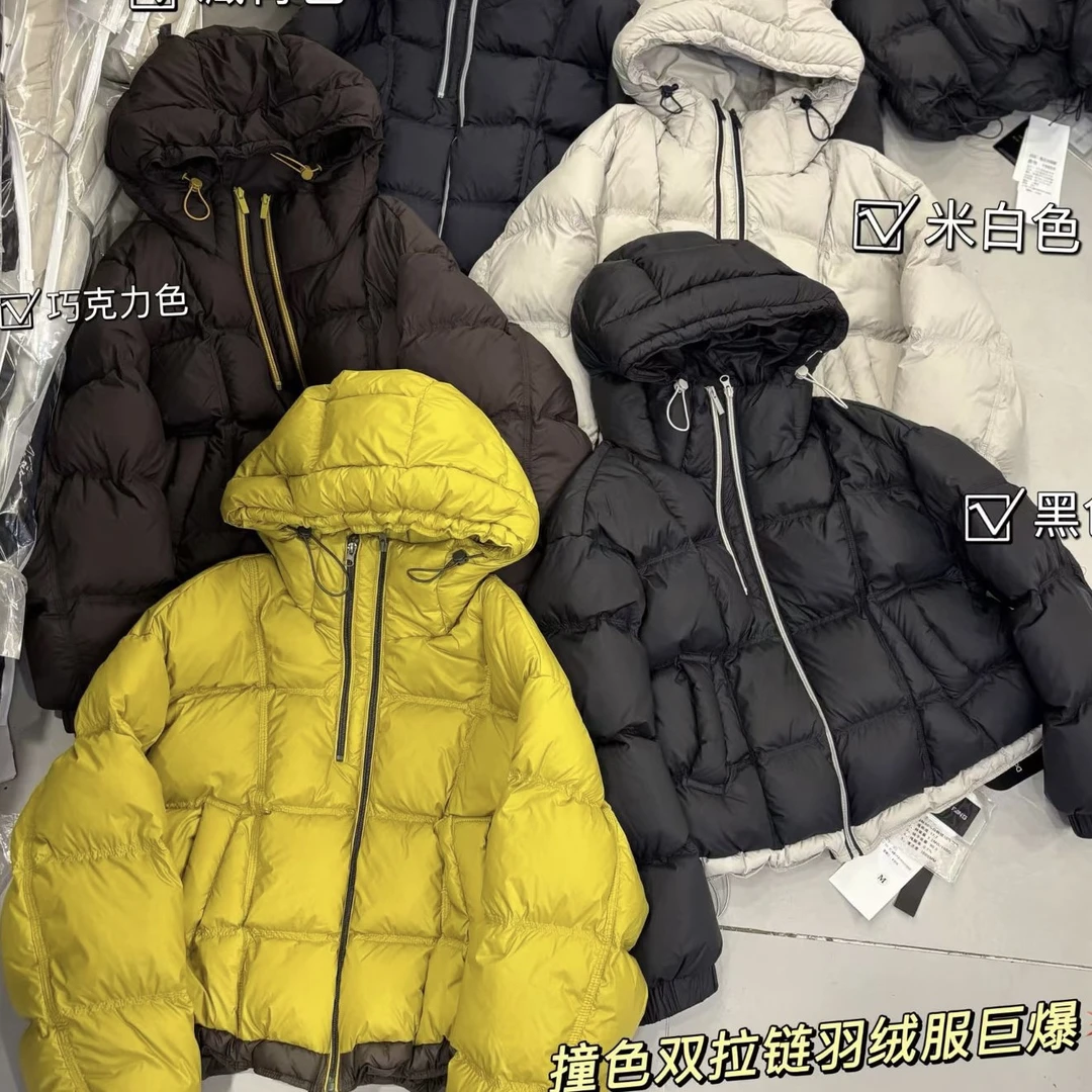 LMM 9858 韩版连帽撞色双拉链羽绒服女短款加厚保暖外套冬季