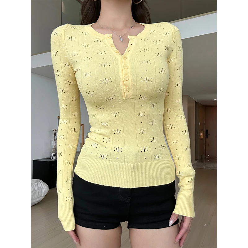 【部分现】2025半门襟圆领套头纯色上衣镂空亨利长袖针织衫M1177