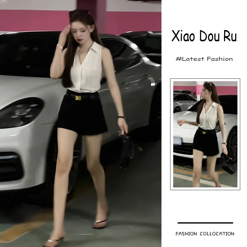 夏季2025新款一整套女韩系轻熟风气质简约无袖衬衫休闲短裤两件套