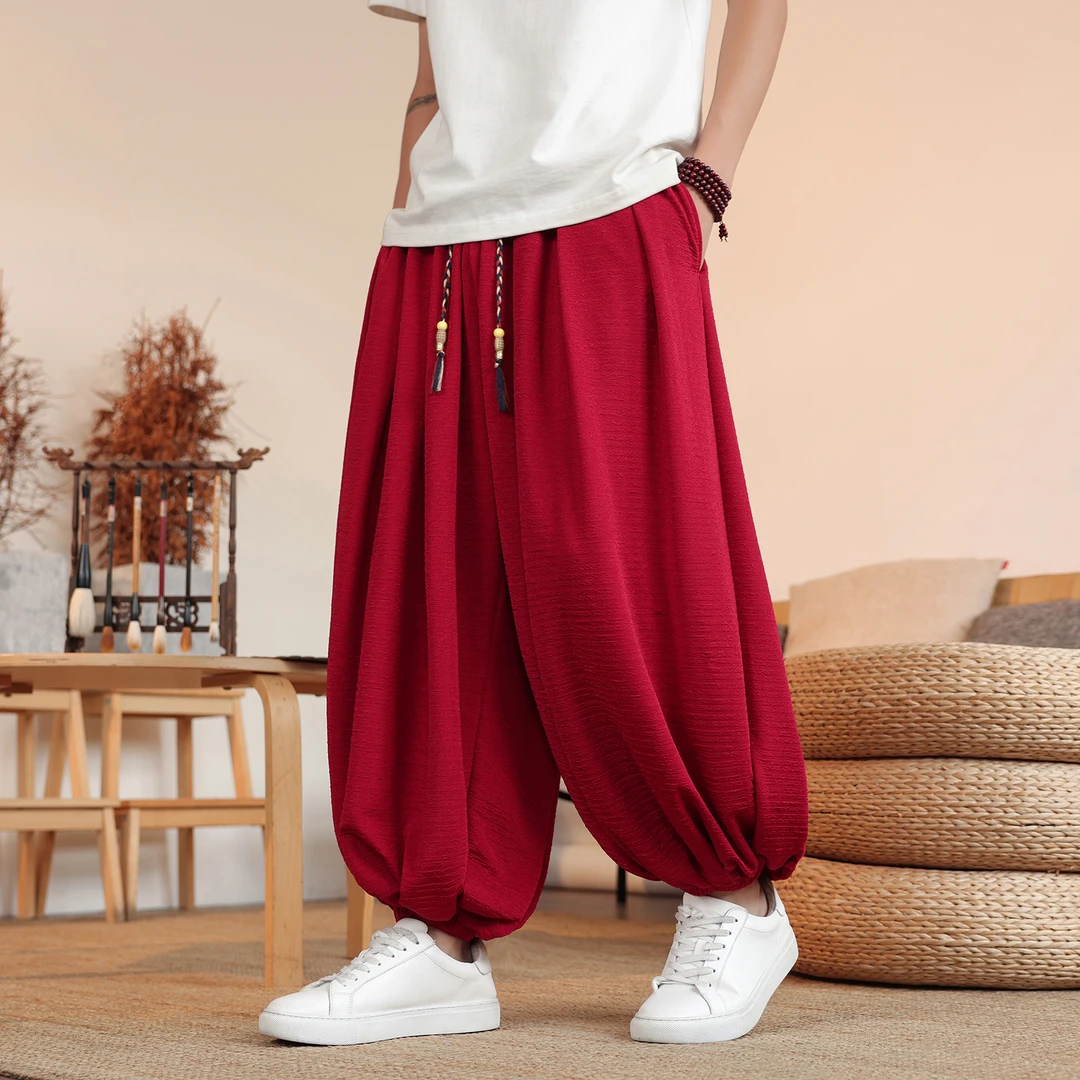 加肥加大码胖子冰丝裤子男夏季薄款中国风红色肌理感宽松运动裤潮