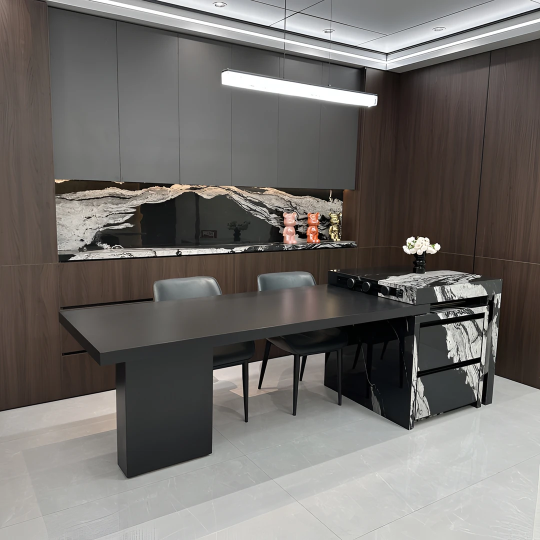 范思哲黑岩板岛台餐桌一体意式中古风多功能可伸缩岛台可推拉吧台