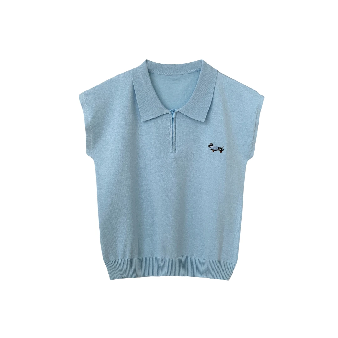 韩系洋气翻领针织短袖针织t恤女夏季时尚半拉链polo衫宽松上衣