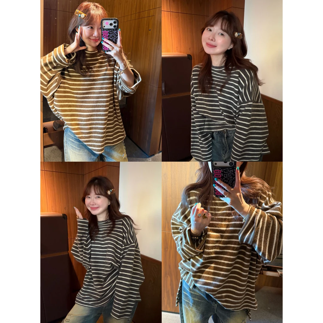 【BORAKOO】亲肤绒感磨毛条纹圆领T绒衫