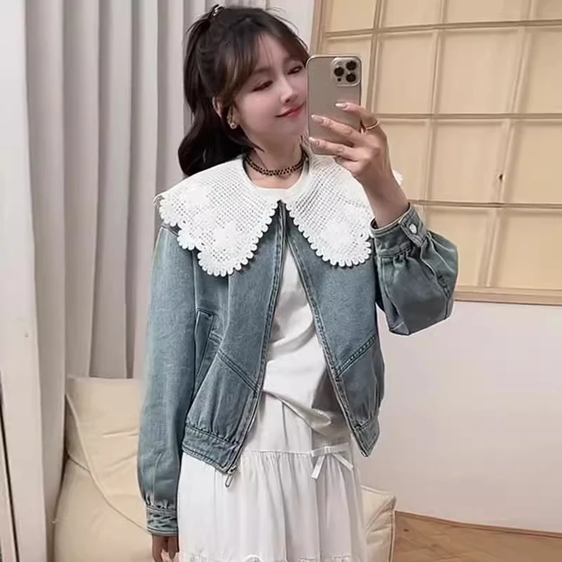 2025春季新款蕾丝娃娃领拼接牛仔短外套女小个子宽松百搭夹克上衣