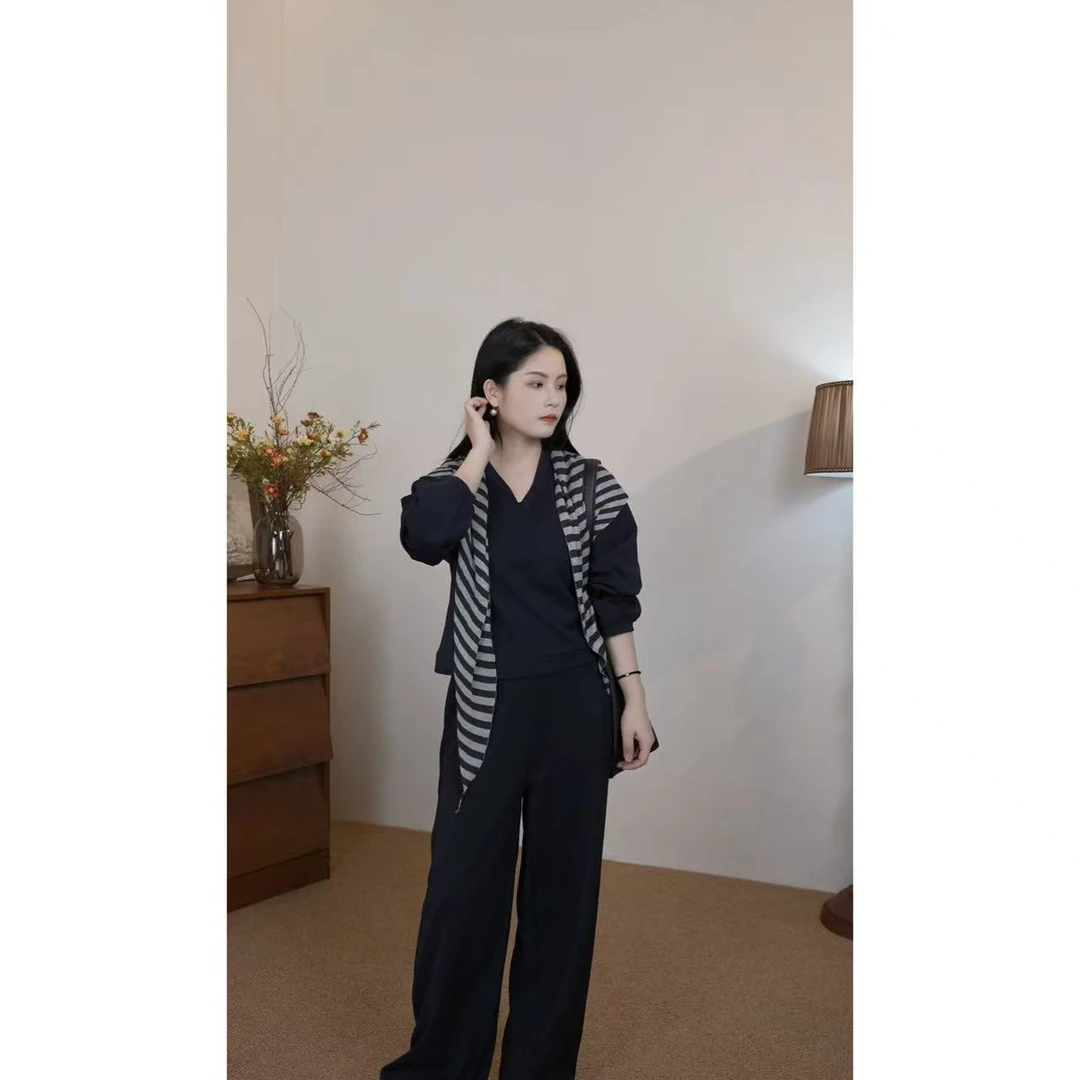 小个子秋季V领极简风休闲宽松套装长袖卫衣休闲阔腿裤披肩三件套