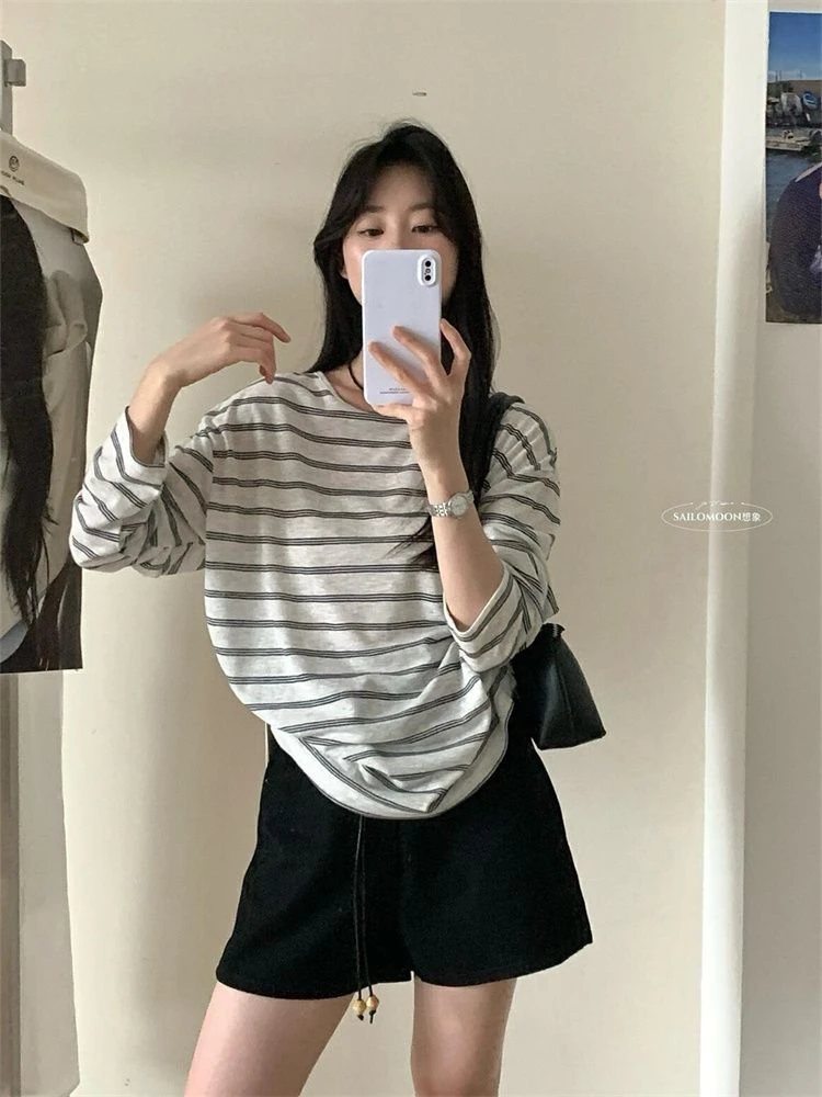 雪花棉条纹料韩系别致扭结条纹后露背设计感防晒长袖T恤女夏上衣