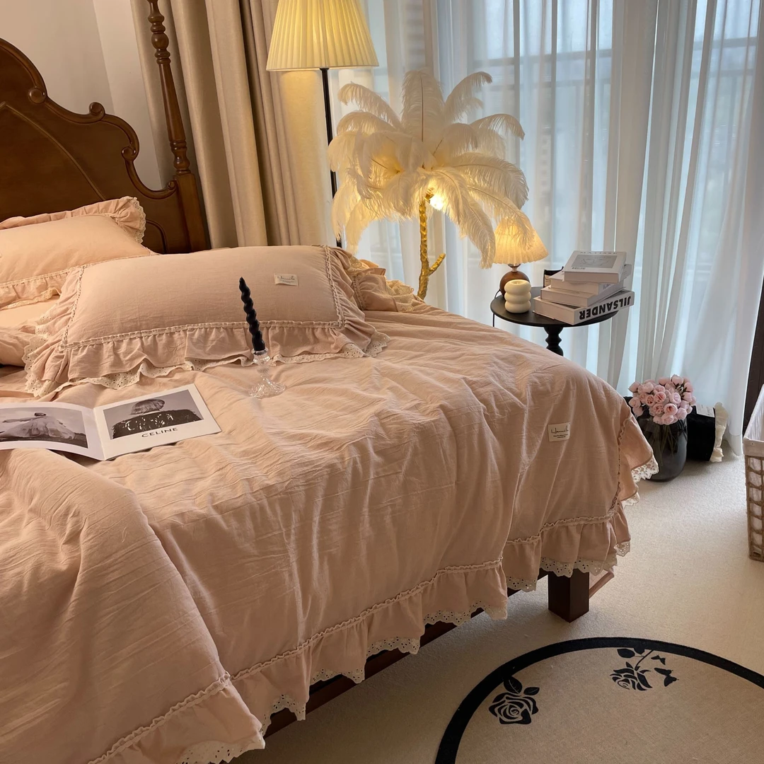 漫漫 【双花边】法式棉麻四件套纯色简约少女心床品套件