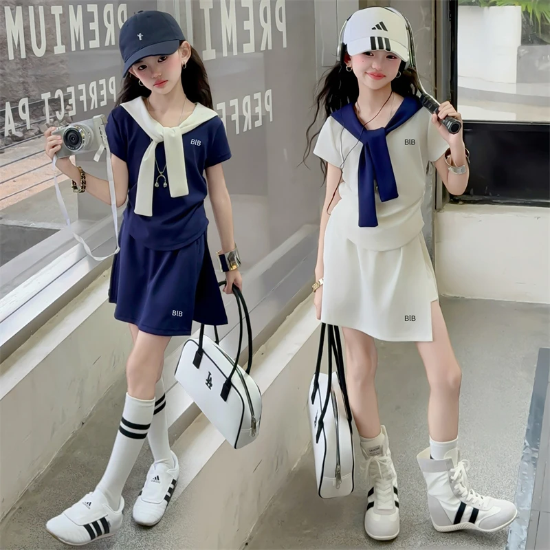 女童披肩短袖套装夏装2025新款时髦女大童运动儿童夏季薄款短裤裙