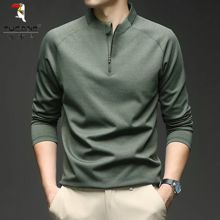 啄木鸟立领Polo衫秋冬季新款半拉链卫衣纯色长袖T恤休闲百搭上衣