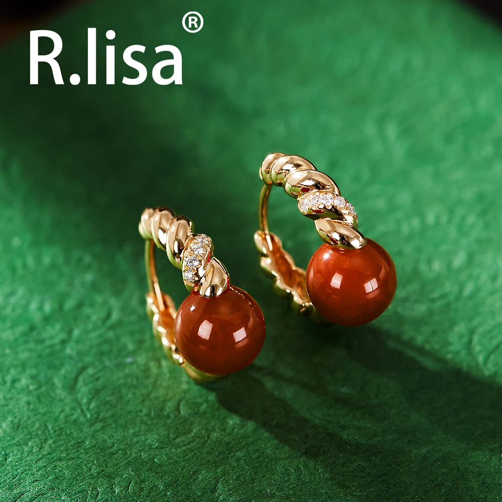 18K金南红玛瑙钻石耳环时尚简约百搭新年红耳饰耳钉礼物