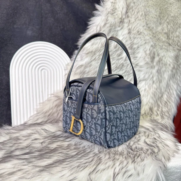 95新 DIOR/迪奥 蓝花D扣饭盒手提包