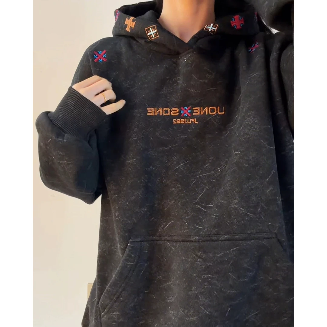 美式复古刺绣卫衣男女款秋冬季加绒加厚设计感连帽衫潮牌休闲情侣