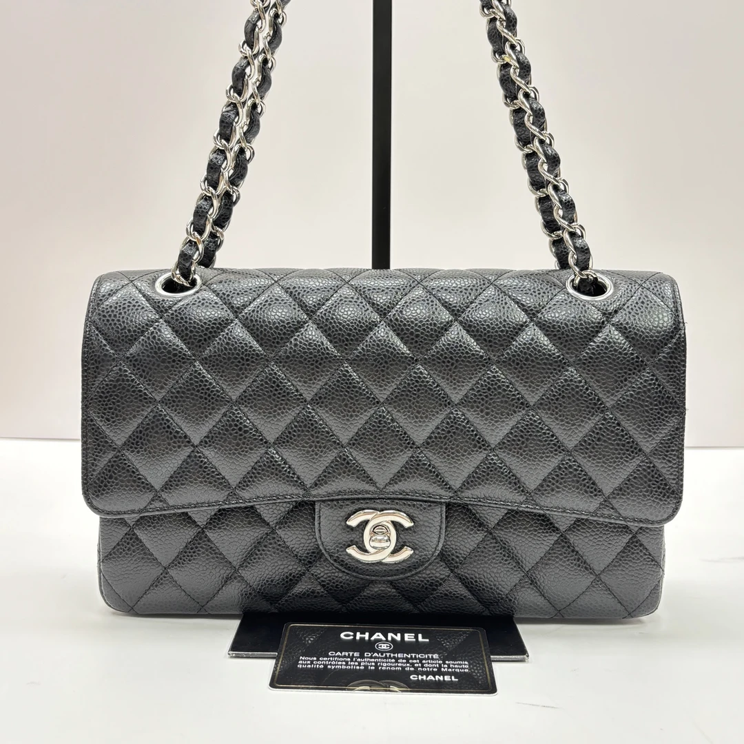 95新 Chanel/香奈儿 黑银荔枝牛皮cf中号单肩斜挎链条包 11641
