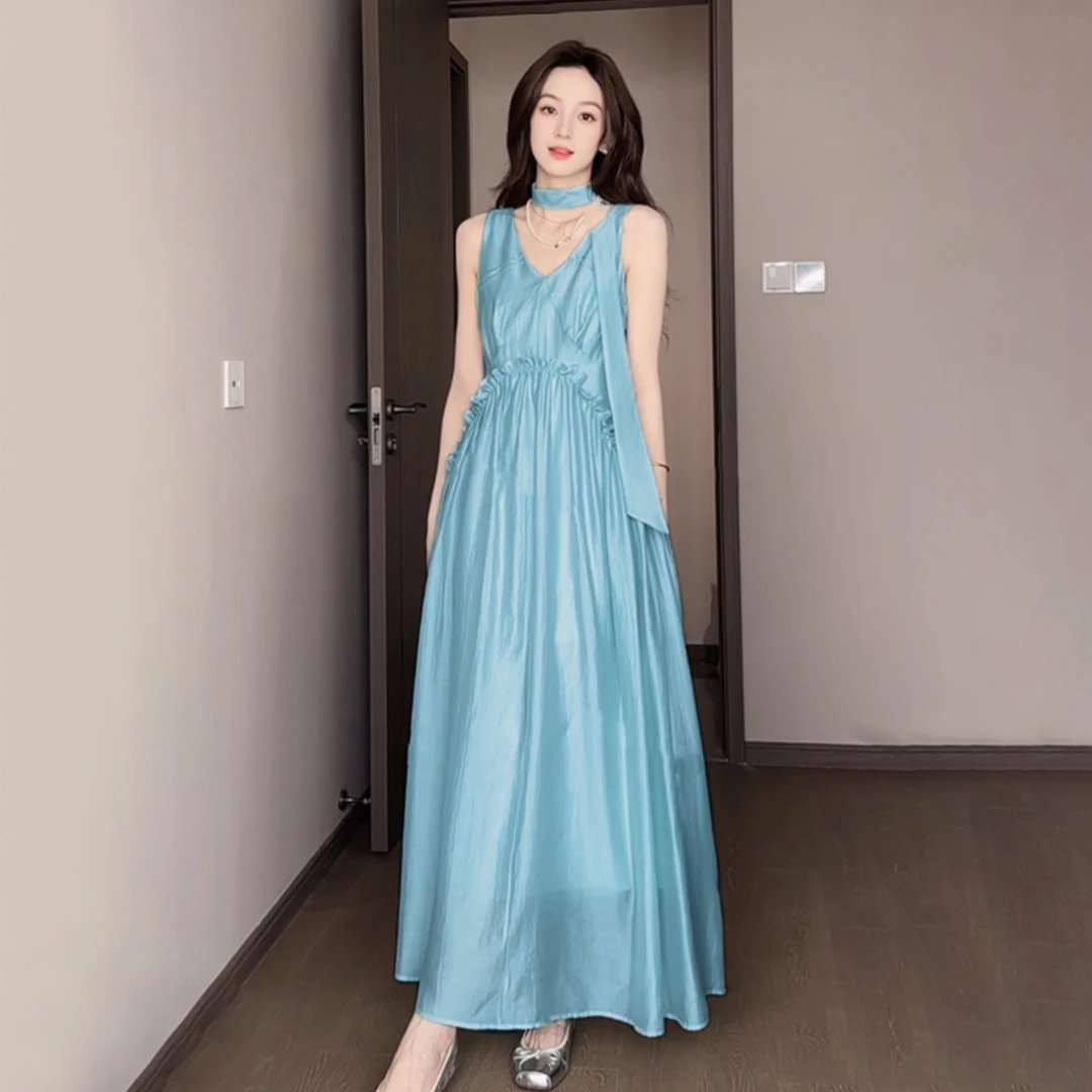 【现货+运补】法式气质蓝色吊带连衣裙女夏度假绝美长裙清仓3514