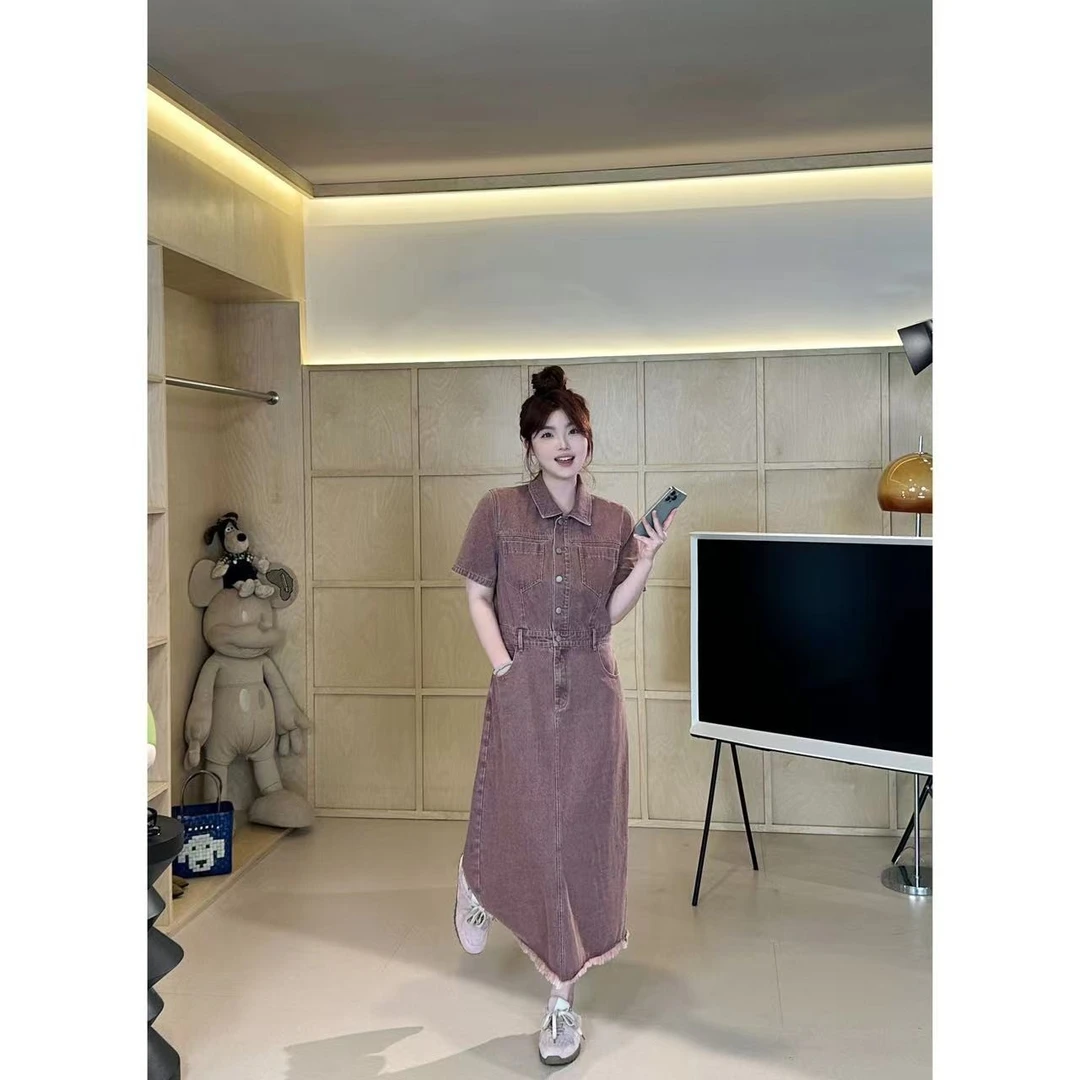 晶咕【炙热视线】韩系胸前双口袋短袖可解扣水洗牛仔连衣裙