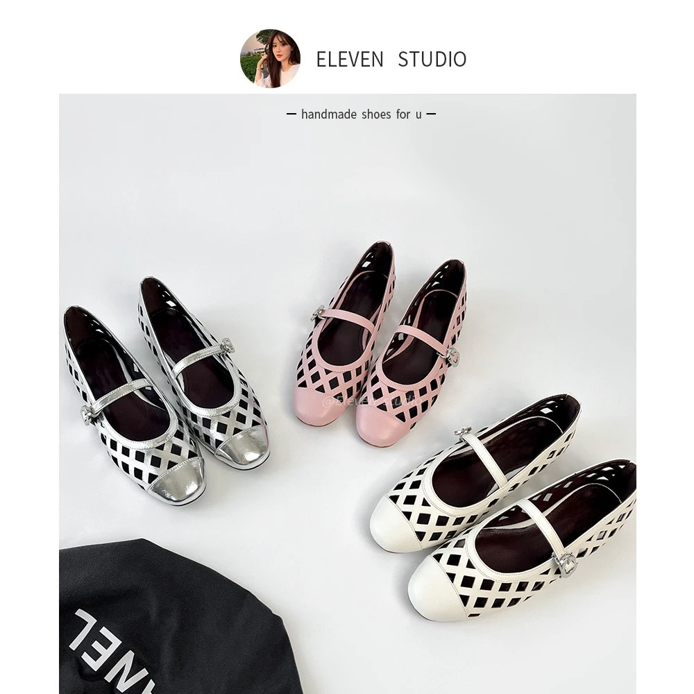【王11】新款法式真皮一字带镂空单鞋玛丽珍鞋平底凉鞋女2CM/曼塔