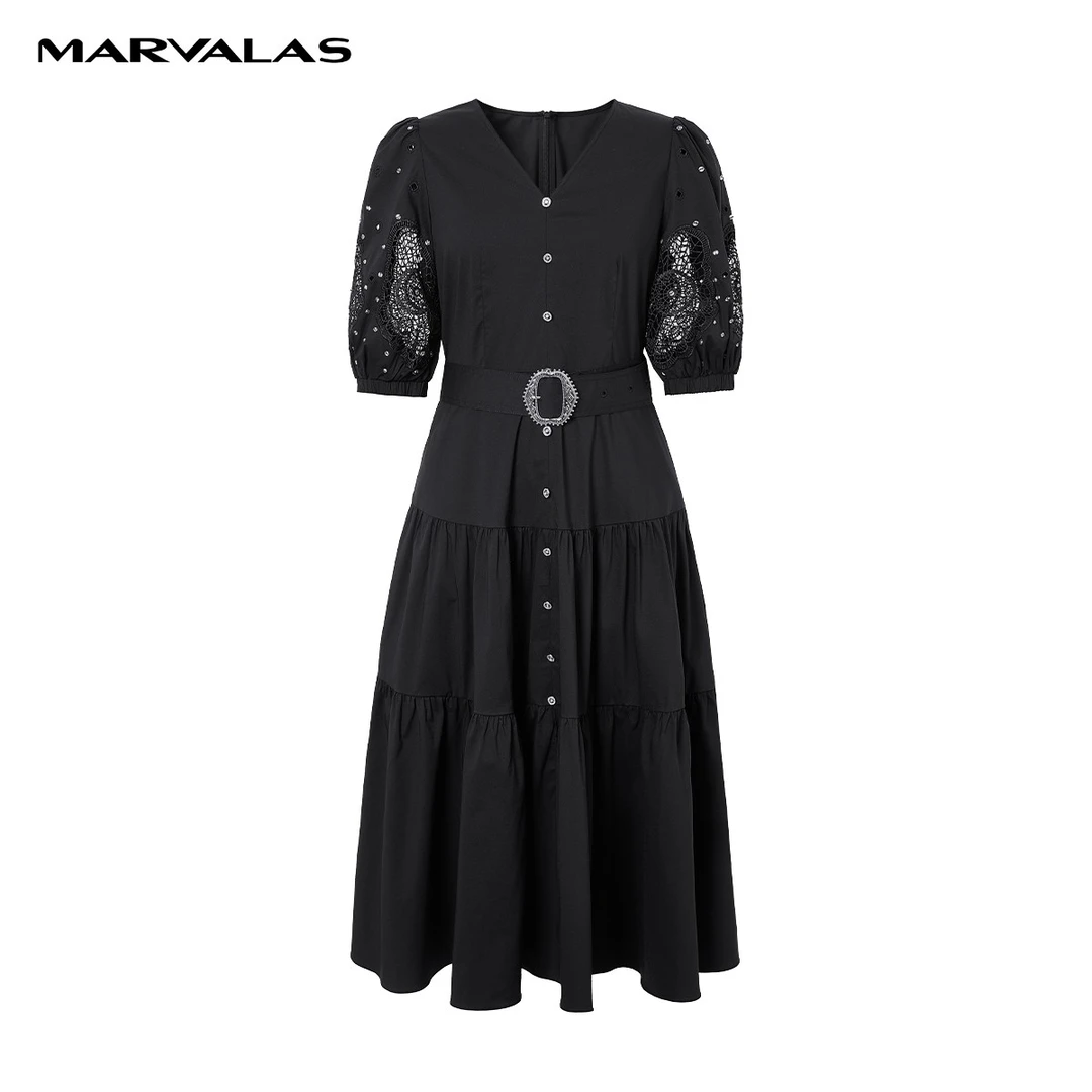 【羊羊专属】M534204720曼德诗V领黑色连衣裙五分袖中长款小黑裙