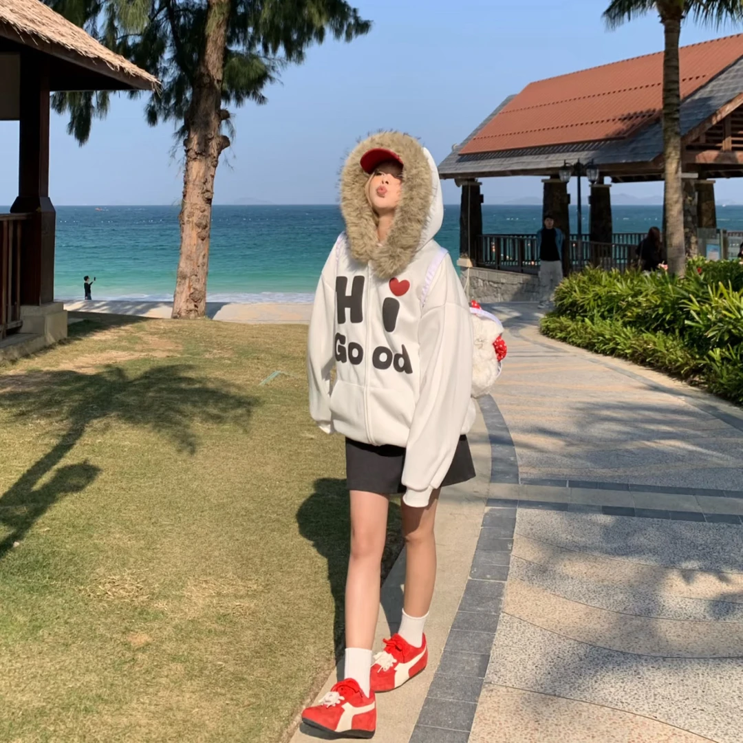 D44#利润基本为0！抢吧！字母毛领卫衣外套男女秋款设计感宽松开衫