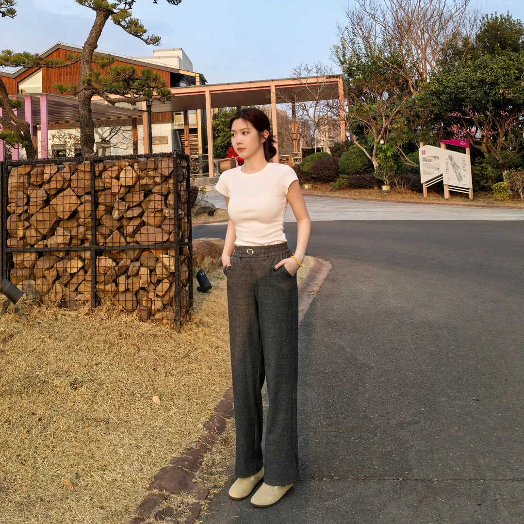 春装时尚百搭修身毛呢裤显瘦女士纯色松紧高腰裤直筒休闲长裤