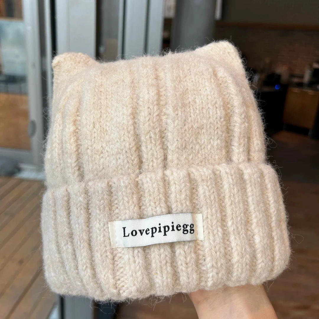 新款猫耳朵毛线帽子女秋冬季2025新款保暖针织帽防寒护耳包头冷帽