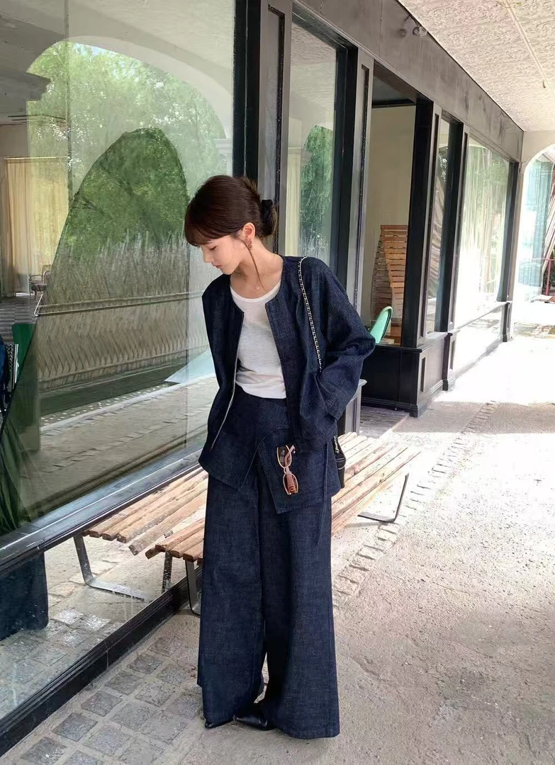 9826牛仔套装女抽绳系带短外套+阔腿长裤屁帘可脱卸三件套秋