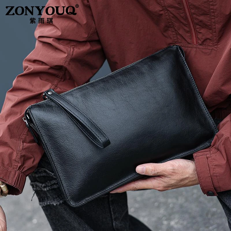 紫雨琪新款商务休闲真皮男手包手抓包牛皮男士手拿包大容量信封包