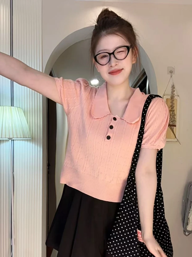 8003 甜美减龄娃娃领麻花短袖冰丝针织衫撞色显瘦百搭上衣