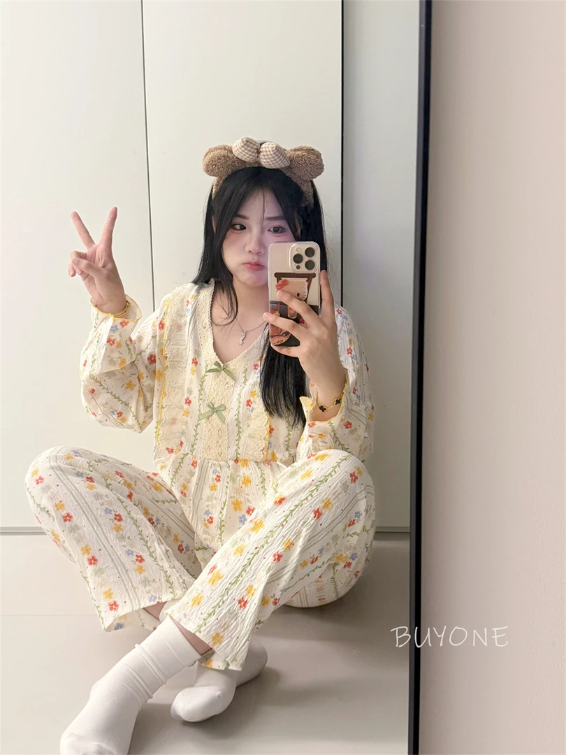 【奶油花朵】大码睡衣女胖MM200斤长袖长裤云朵棉奶油小花少女ins