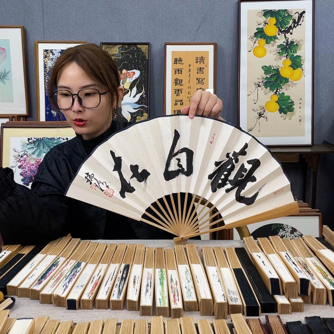 国画10寸玉竹-纯手绘-文玩扇骨（默认粘好）观自在