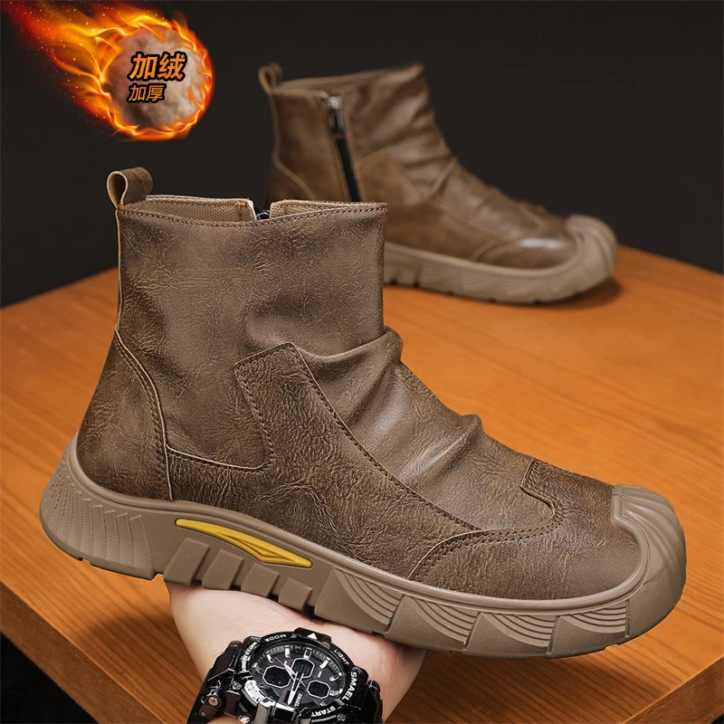 BOMP正品男鞋冬季时尚加绒加厚高帮棉靴子男款户外百厚底休闲皮靴