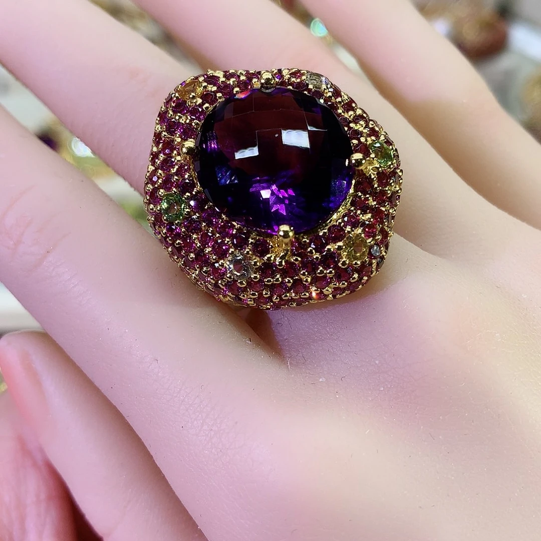 紫晶戒指银S925镀金镶嵌