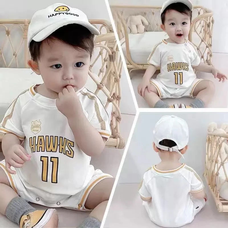 夏季新款夏季新款棒球服哈衣字母11链条男女宝婴幼儿网红半袖爬服