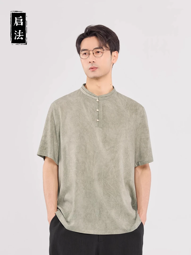启·法男装2025夏季新款短袖Polo衫男新中式复古立领T恤男轻薄上衣
