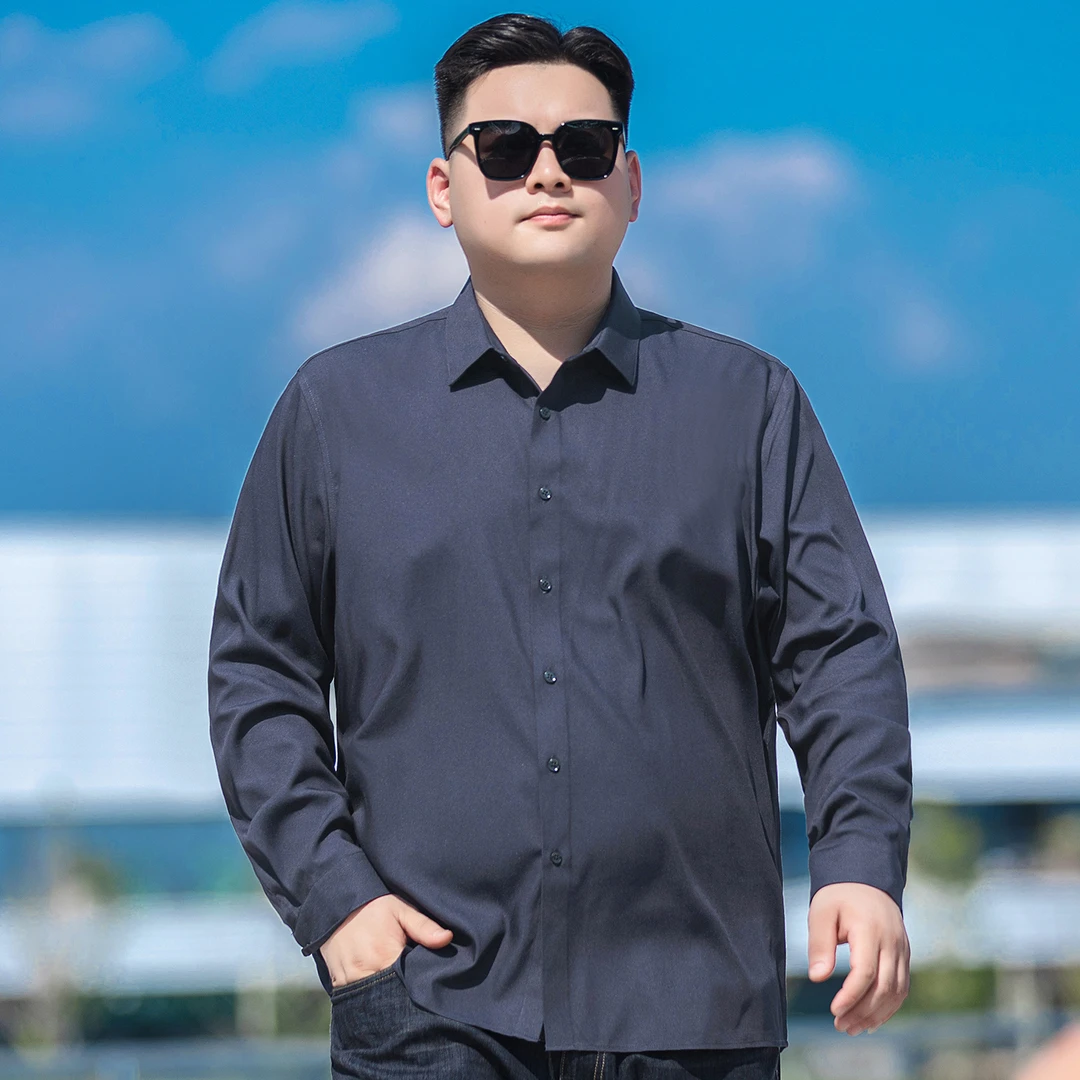 加肥加大码男士商务长袖衬衫春秋胖子宽松免烫纯色打底衬衣300斤