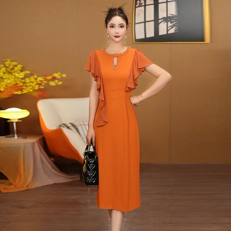 橙色连衣裙夏季钉珠无袖气质圆领显瘦修身礼服直筒裙新款46-1
