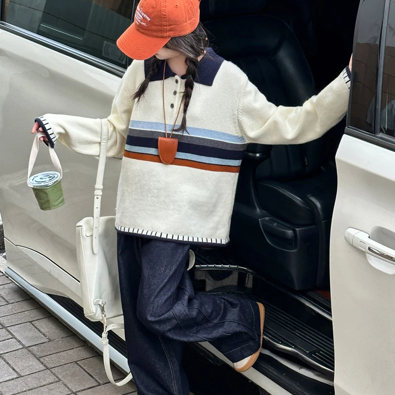 女童套装2025新款儿童春秋装中大童女孩洋气休闲条纹针织衫两件套