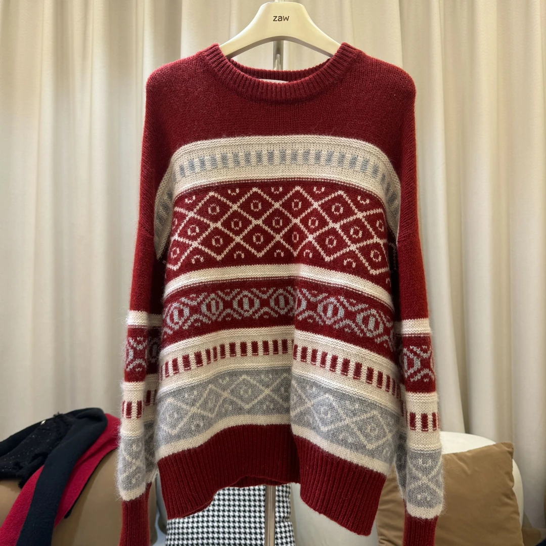 【福利】大码胖妹妹减龄宽松撞色条纹毛衣女洋气内搭上衣/24680