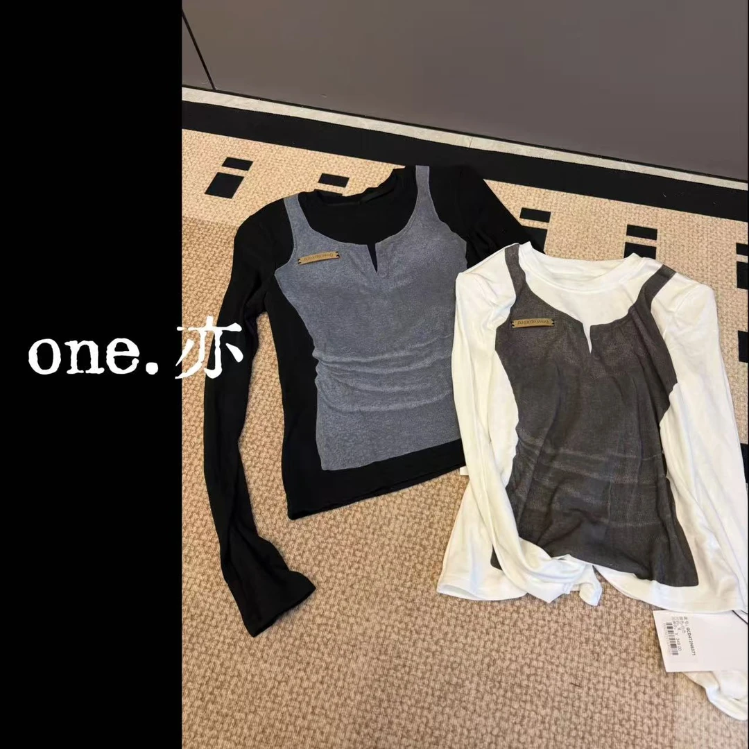 【一个亦】假两件印花打底上衣YEE/6371
