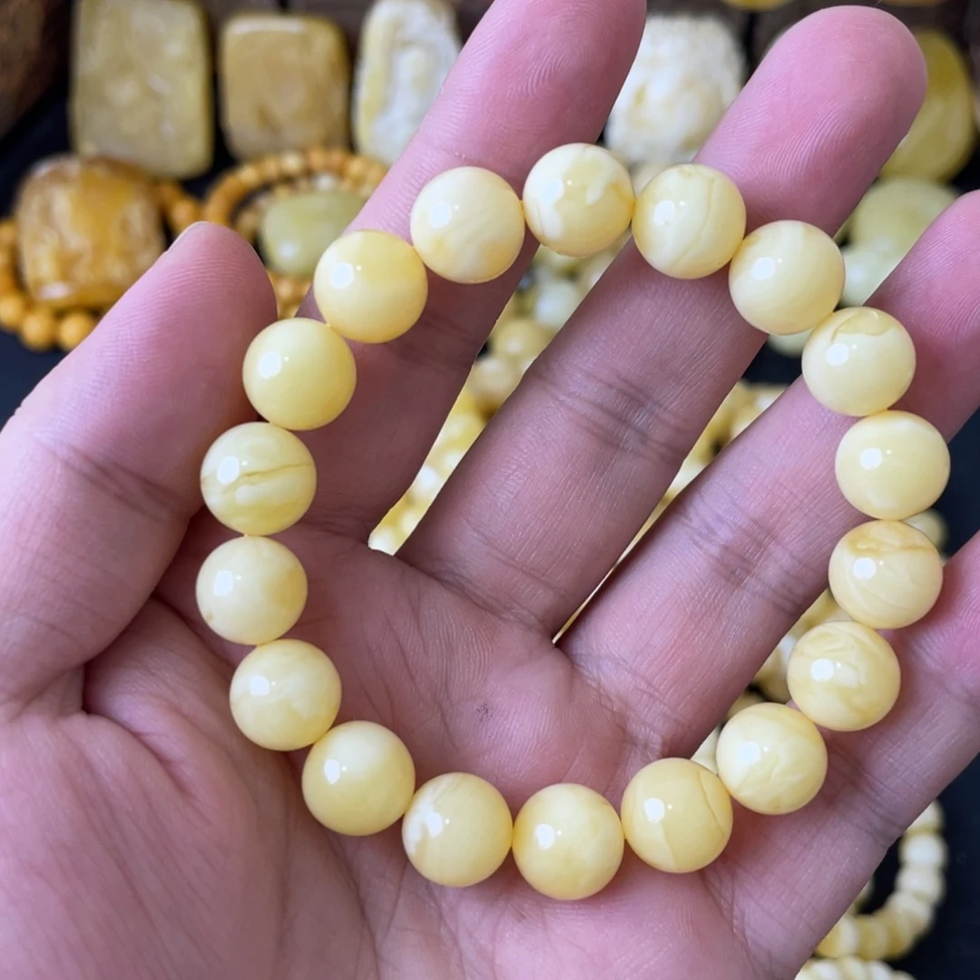 手串琥珀未镶嵌11+俄料浓白花蜡圆珠手串