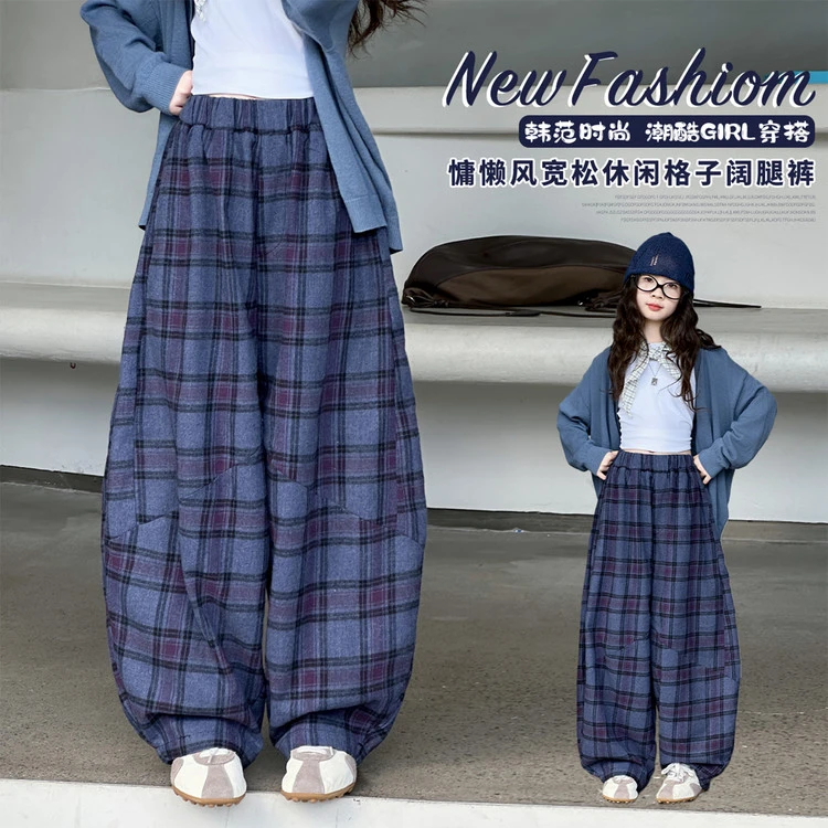 童装女孩秋季洋气格子裤中大童宽松休闲弯刀裤女童春秋直筒长裤子