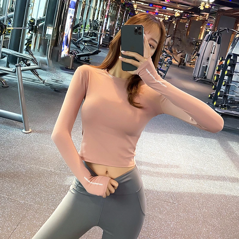 网红性感显瘦美背镂空透气修身弹力紧身运动长袖上衣女冬季瑜伽健