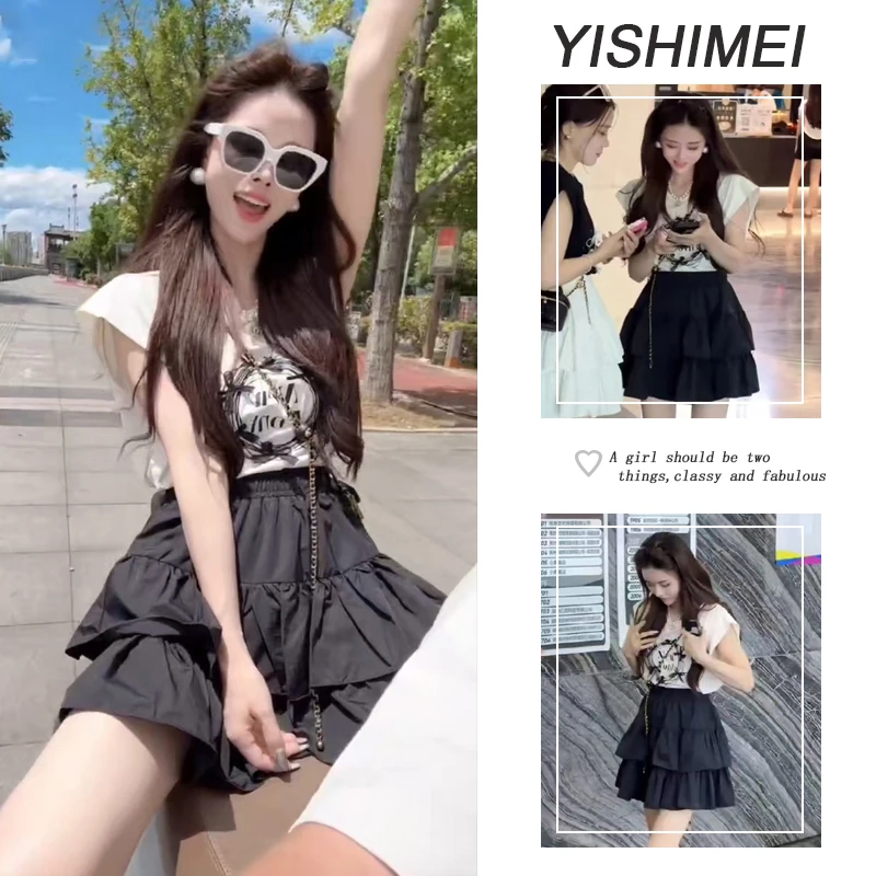 夏季时尚穿搭女2025新款韩版通勤百搭无袖上衣高腰黑色短裙两件套