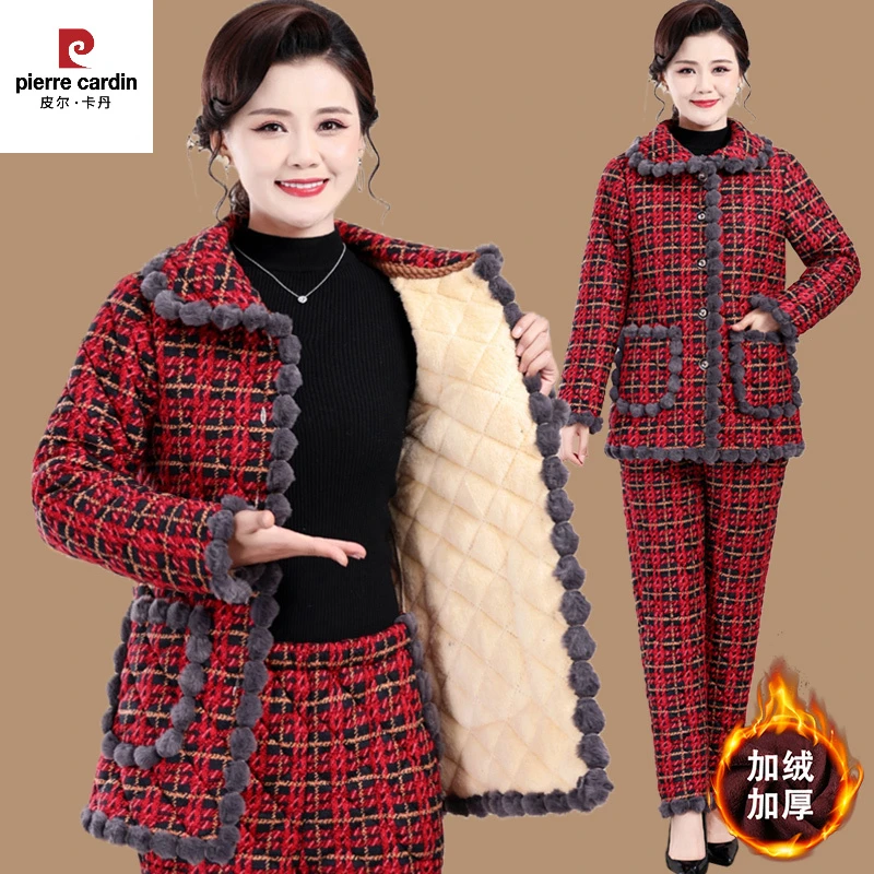 皮尔卡丹妈妈冬装加绒加厚棉袄棉裤两件套装2025新款中老年女棉服