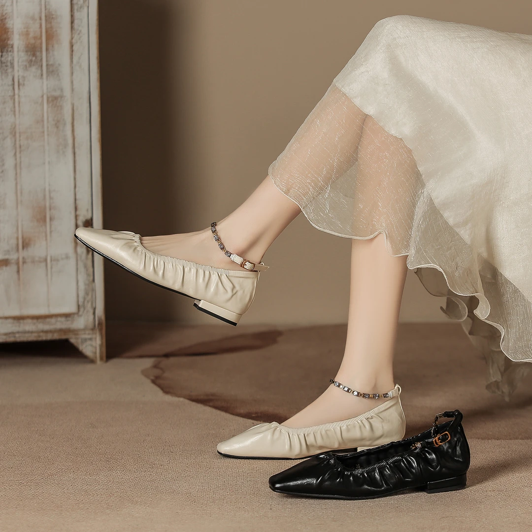 3公分一字带水钻气质高跟低跟单鞋新款法式方头浅口休闲鞋软底