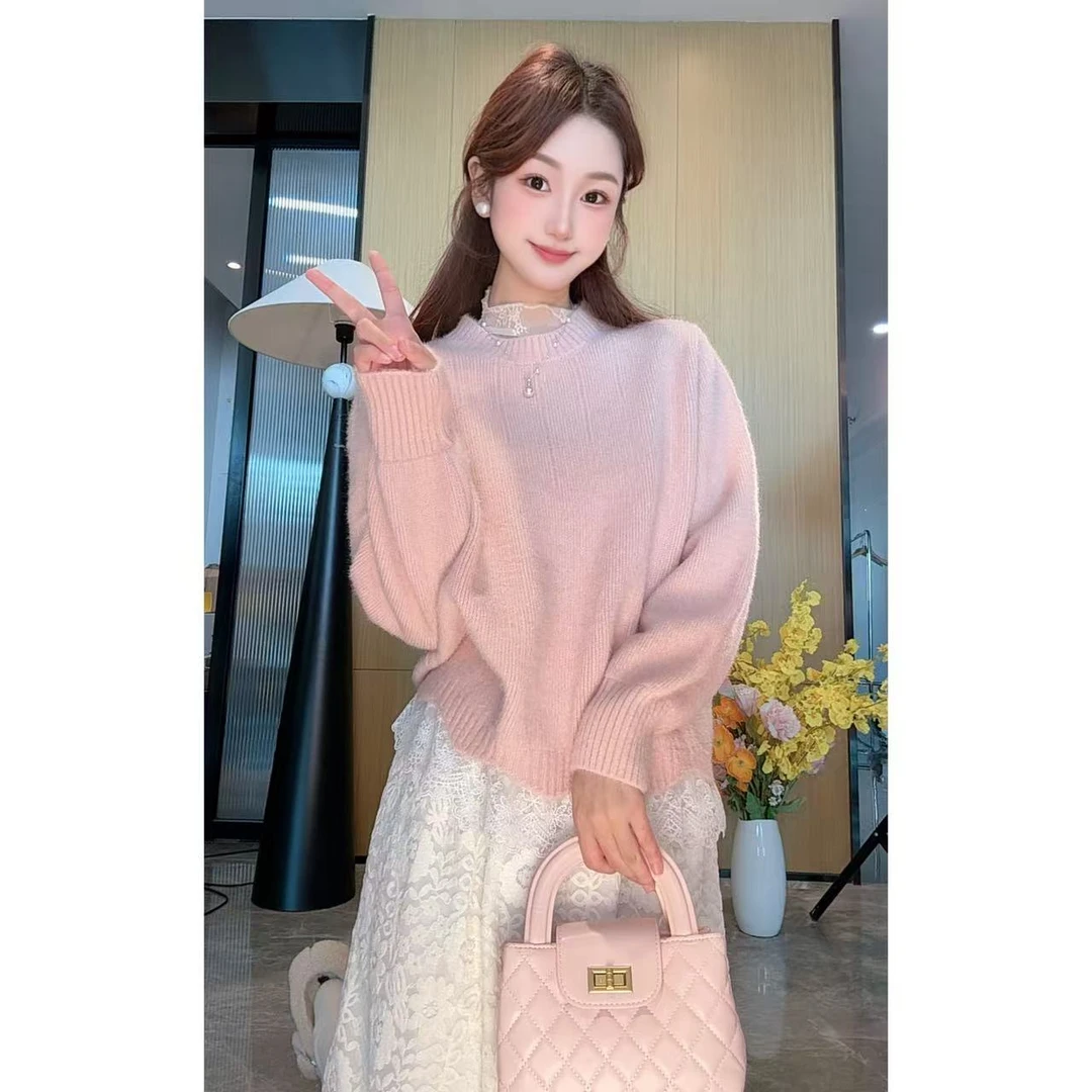 2306不起球韩系蕾丝拼接软糯针织打底衫女秋冬上衣套头气质毛衣